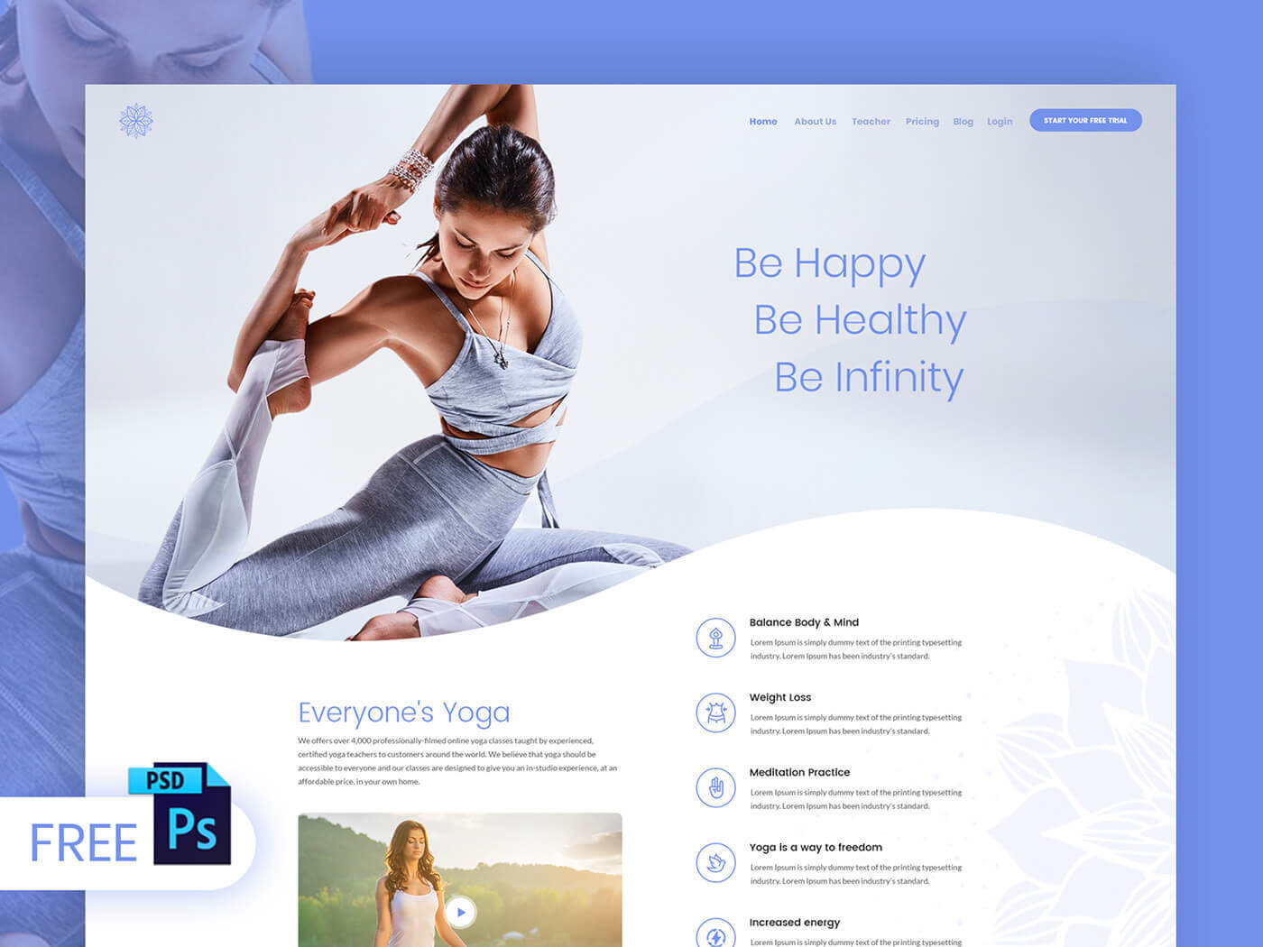 Clean and responsive yoga website template for modern studios