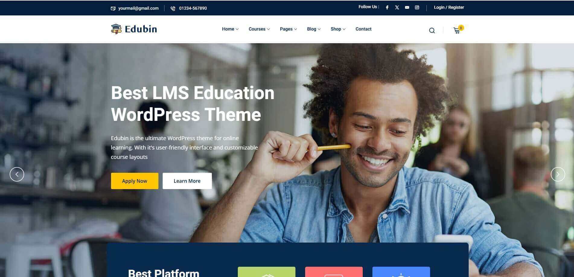 Edubin Education WordPress Theme design supporting multiple LMS plugins for schools