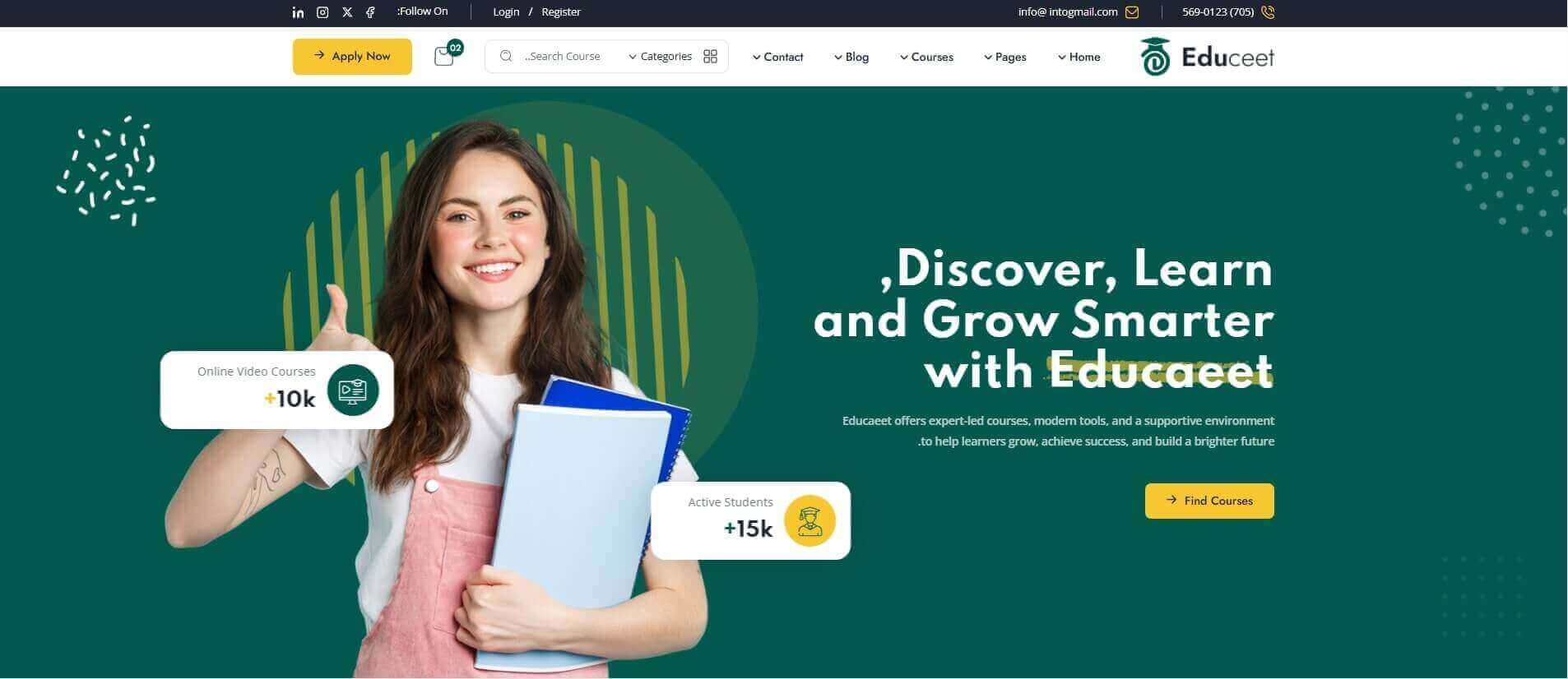 Educeet education website template for universities, online courses, and school websites