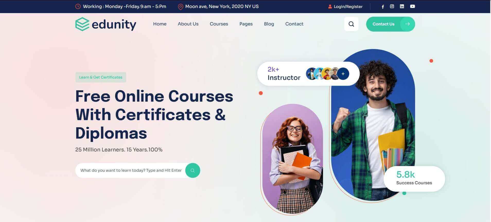 Edunity Education WordPress Theme website design for schools, universities, and online learning platforms