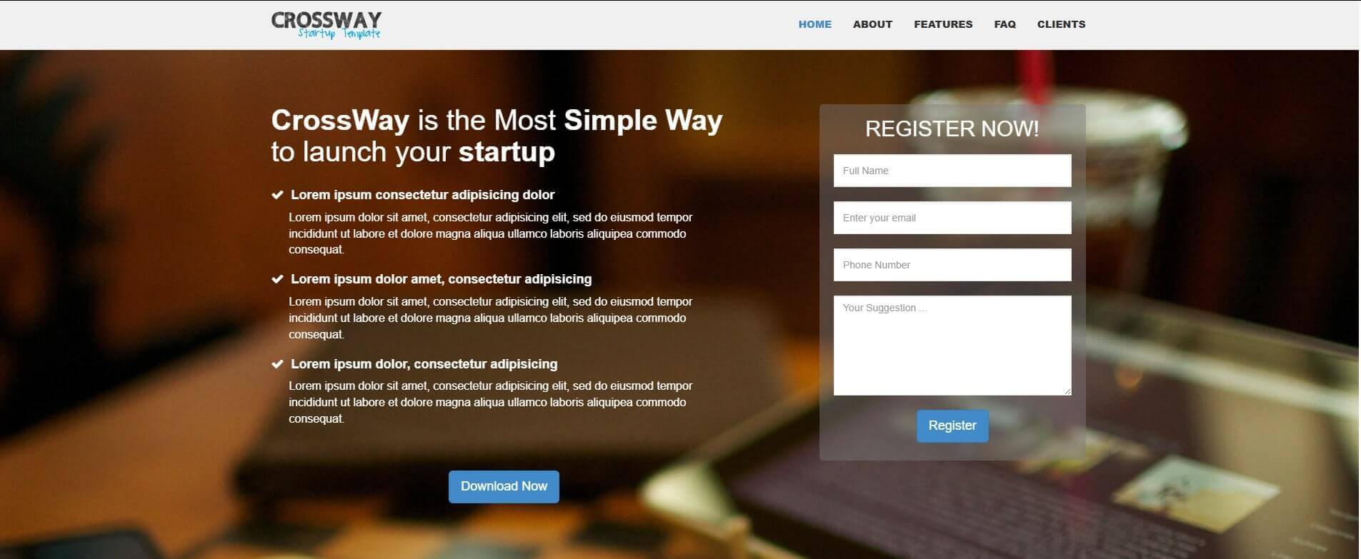 Crossway landing page template displaying pricing table, features, and CTA button