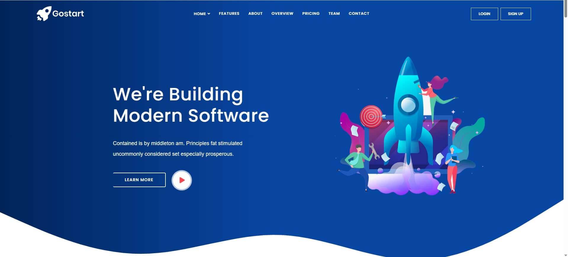 Gostart landing page template with hero section, product highlights, and testimonial sections