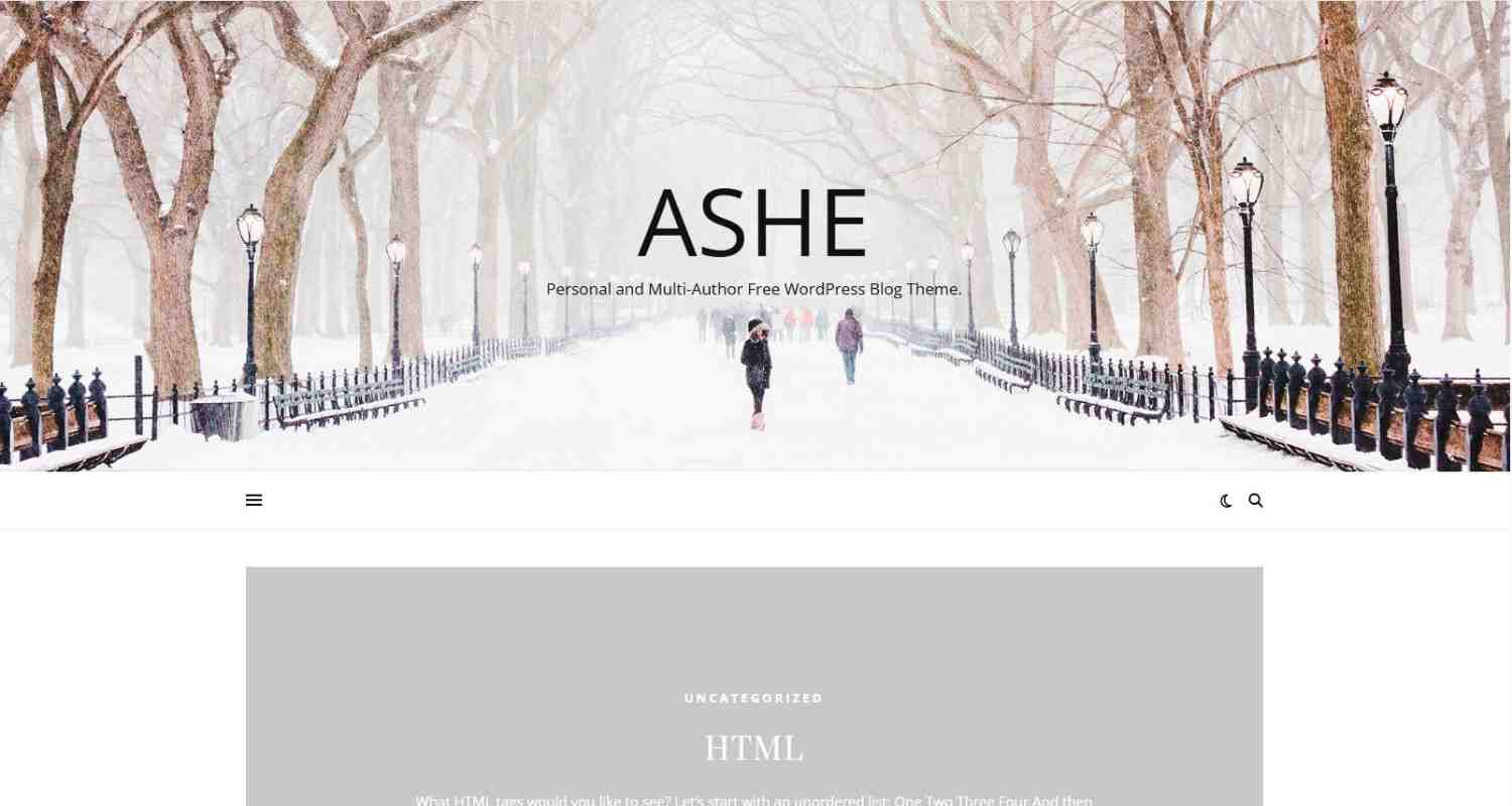 Ashe personal WordPress theme displaying a minimal and clean portfolio layout for bloggers and freelancers.