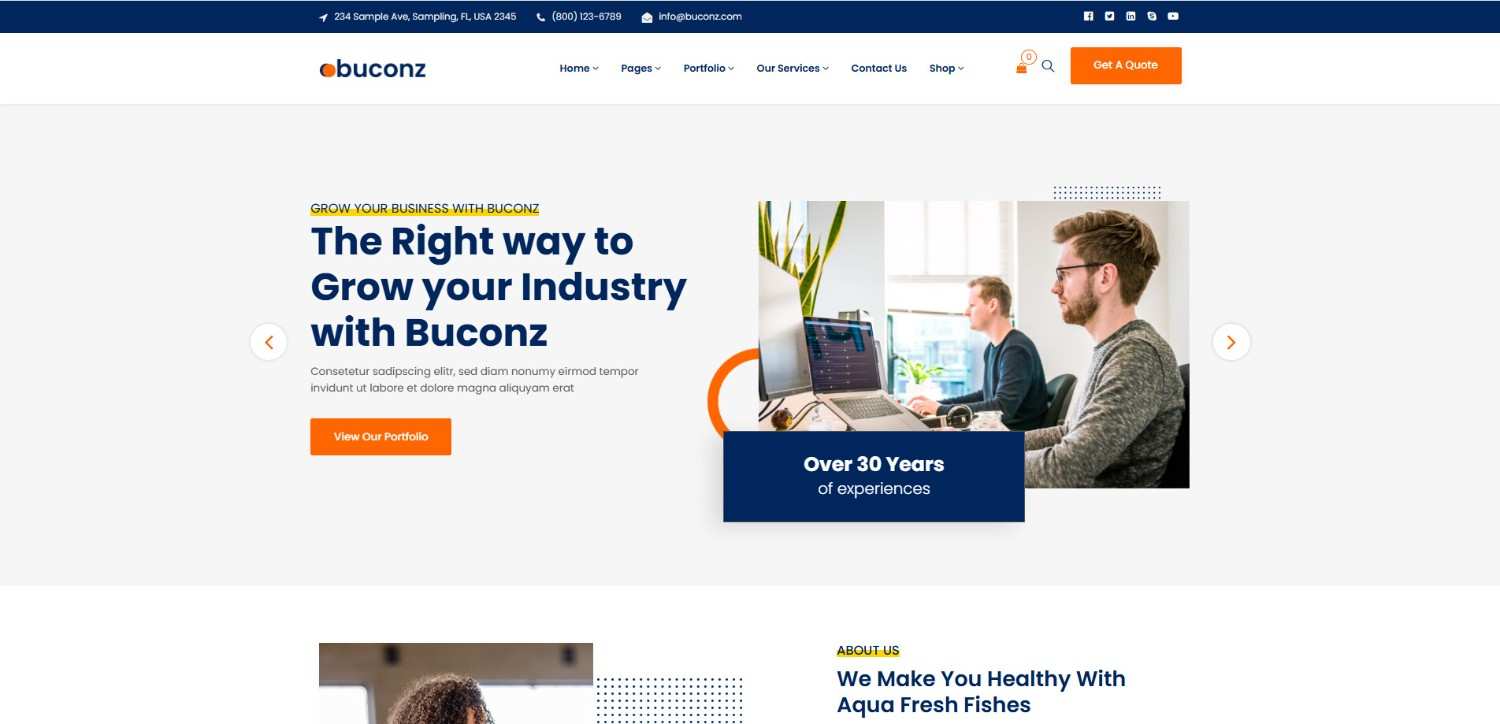 17+ Top Minimalist WordPress Themes for Professional Sites Buconz minimalist WordPress themes business homepage with clean layout and service sections