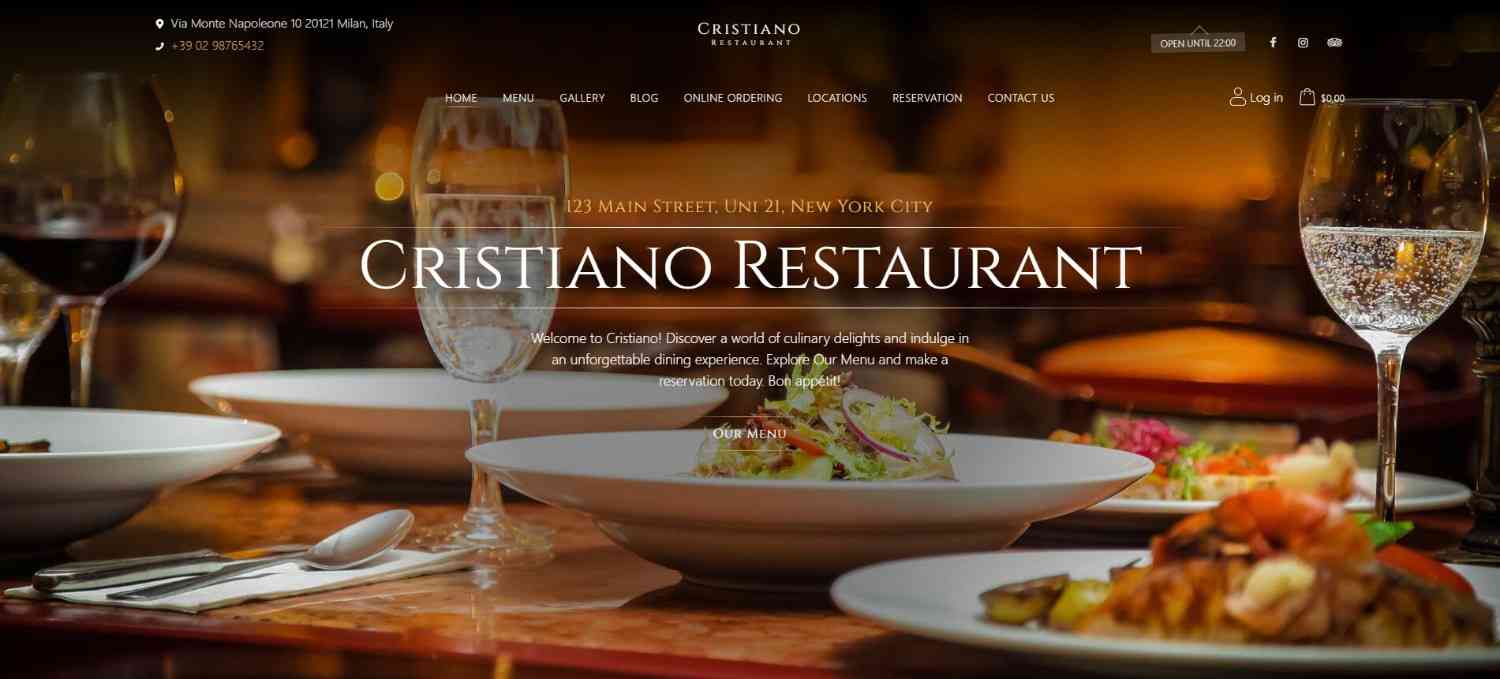 Best 11 Restaurant WordPress Themes Top Picks 2026 Cristiano professional restaurant WordPress theme for modern restaurants and cafés.