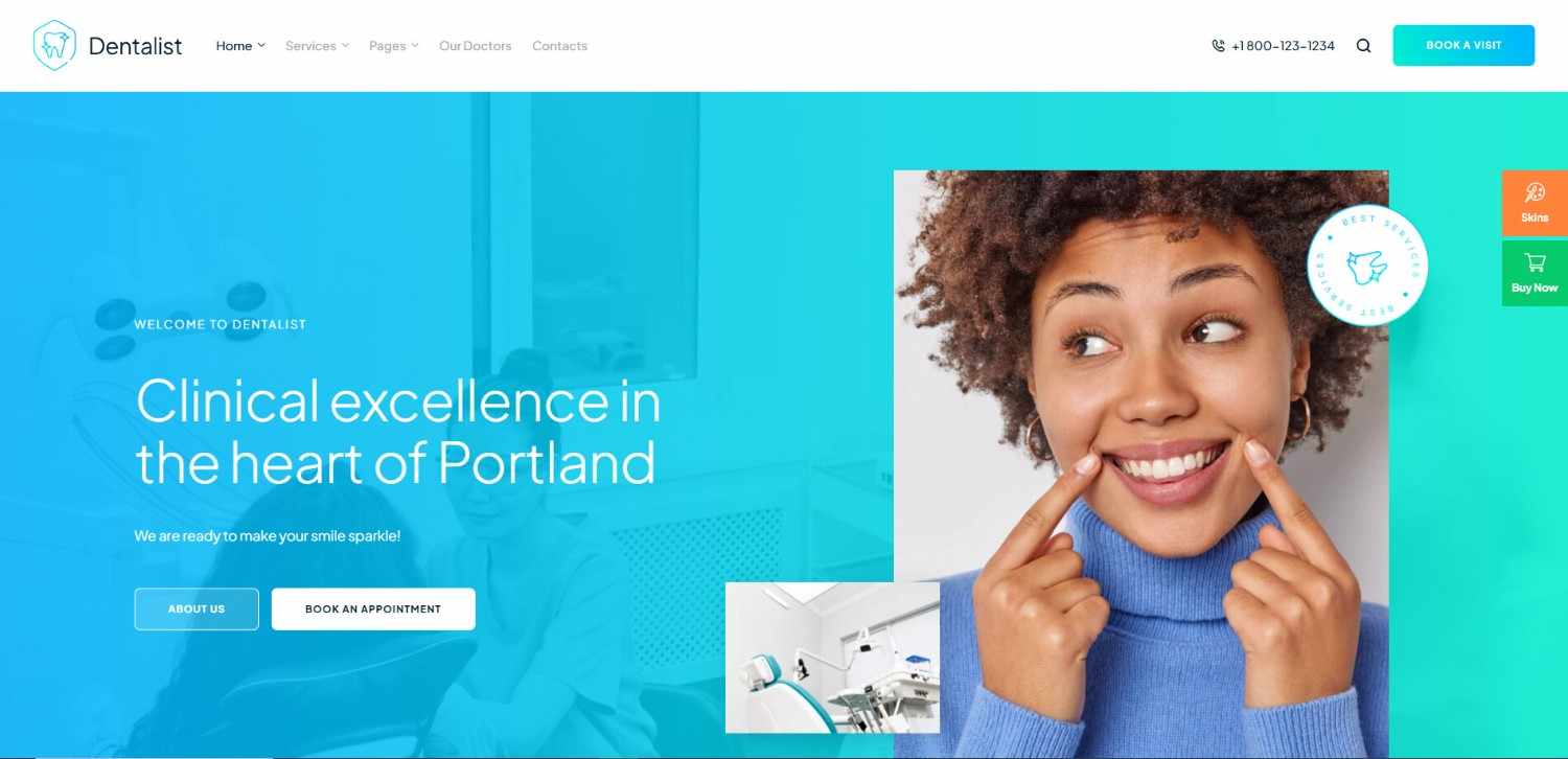 Dentalist Dentist WordPress Theme for dental clinics with testimonial section and SEO optimization