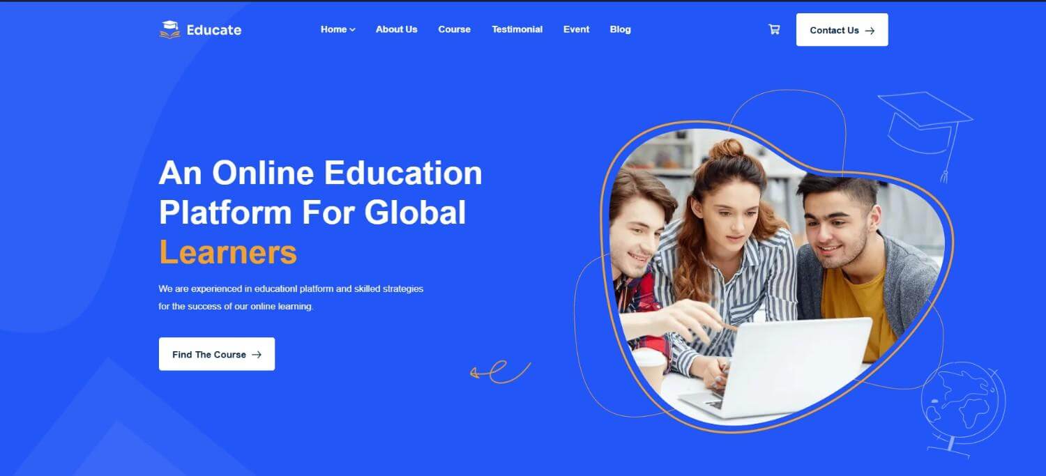 Educate ReactJS template showing online courses and instructor profiles