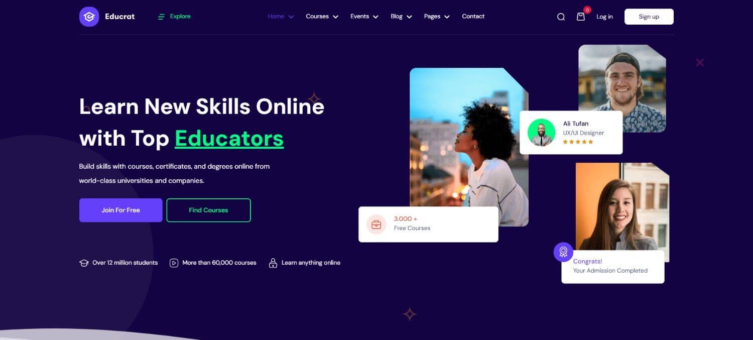 Educrat ReactJS template showing online courses and student dashboard