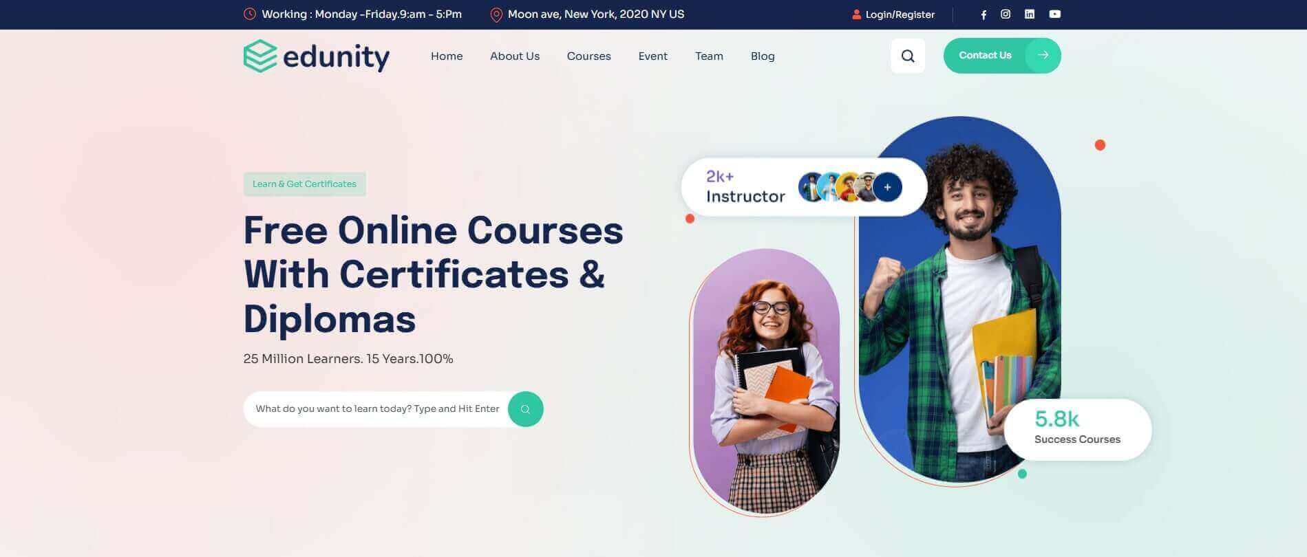 LMS WordPress themes website layout for online learning platform
