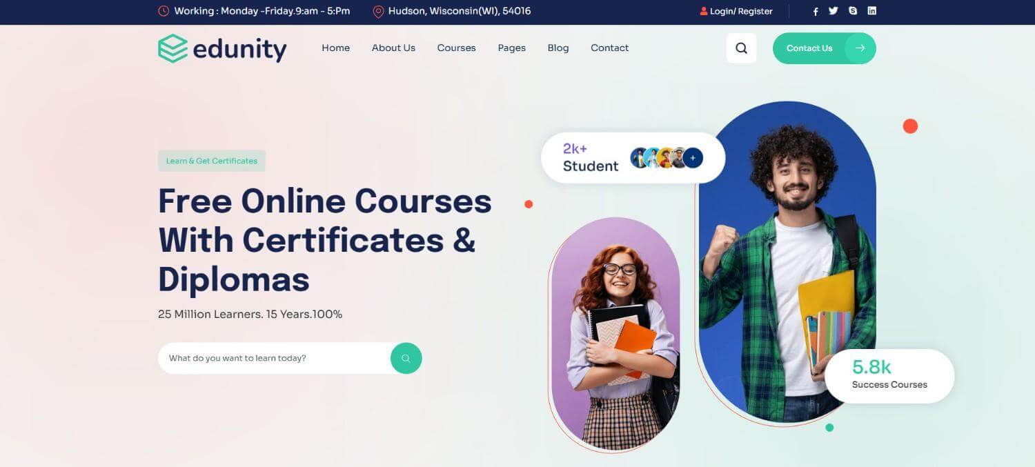 Edunity React template for schools, online courses, and educational platforms – free React templates reference