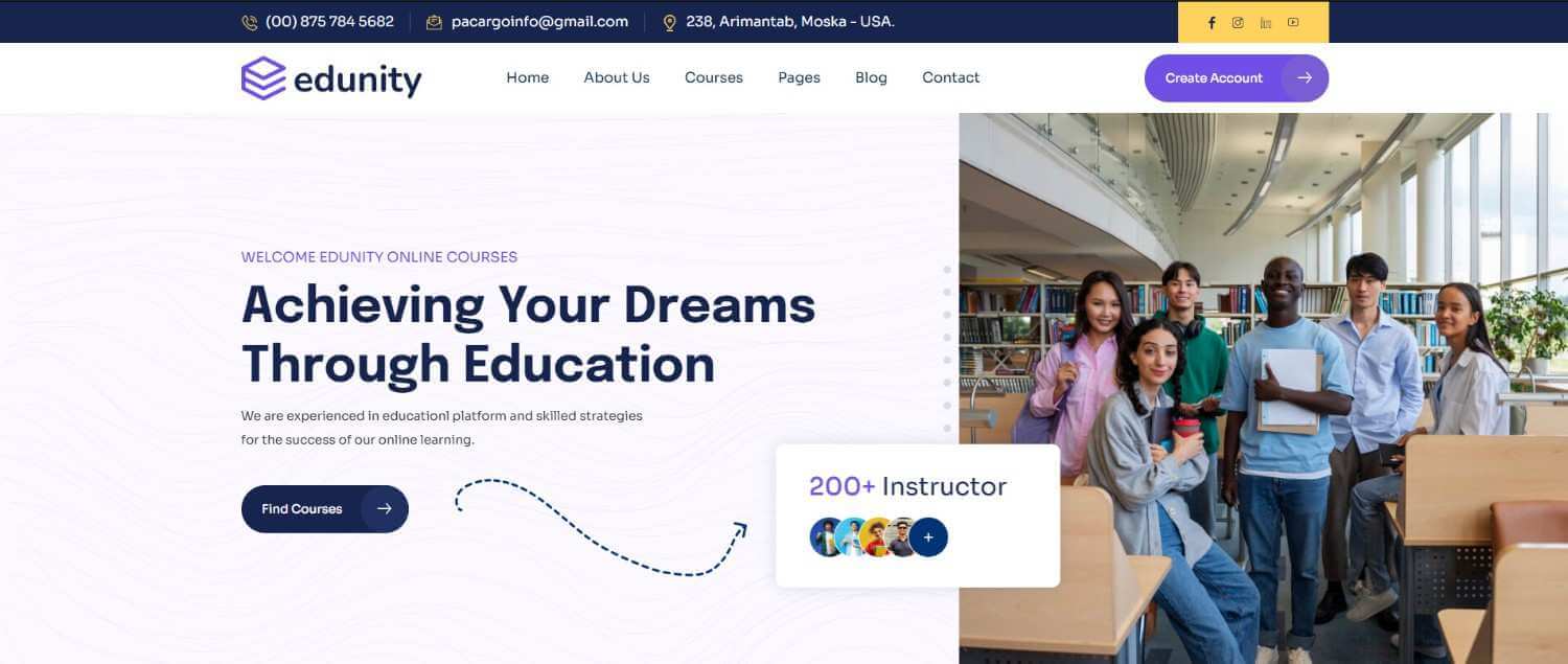 Edunity ReactJS template displaying course catalog and student dashboard