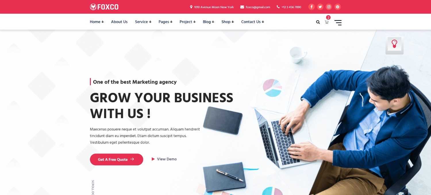 Foxco digital marketing agency website template HTML with service showcase, portfolio sections, and client testimonials