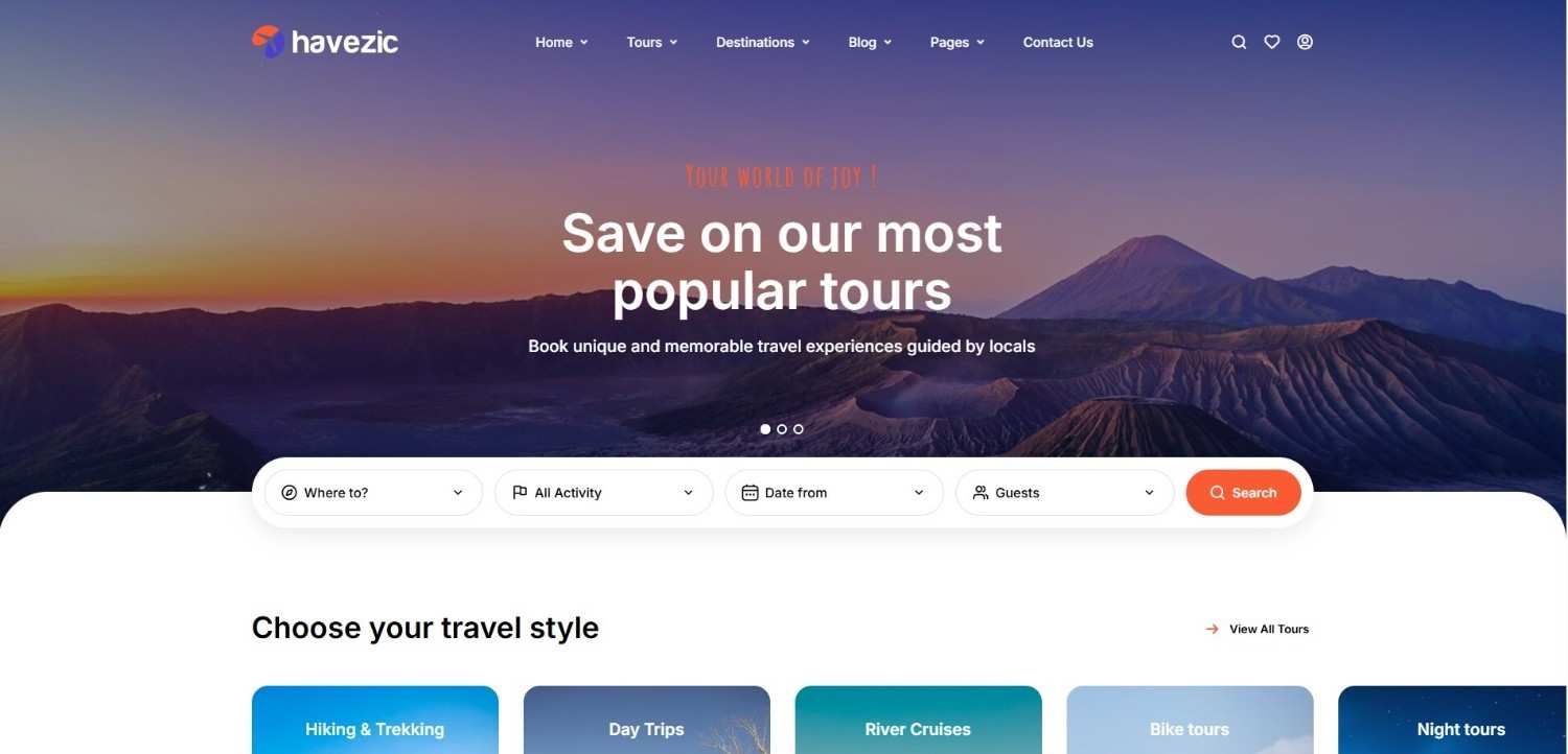 Havezic WordPress travel agency theme for tour booking websites, fully responsive and SEO-optimized, perfect among the best WordPress themes for travel blogs.