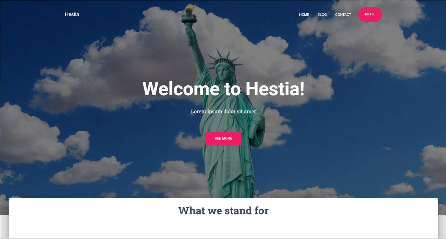 Hestia personal WordPress theme showcasing a stylish one-page portfolio website for freelancers and personal brands.
