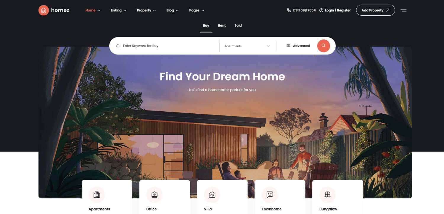 Homez ReactJS template showing property listings and search filters
