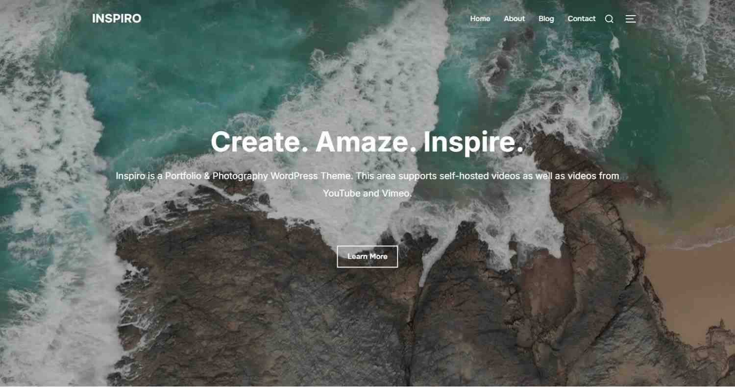 Inspiro Lite WordPress portfolio theme with full-screen image and video galleries for photographers and videographers.