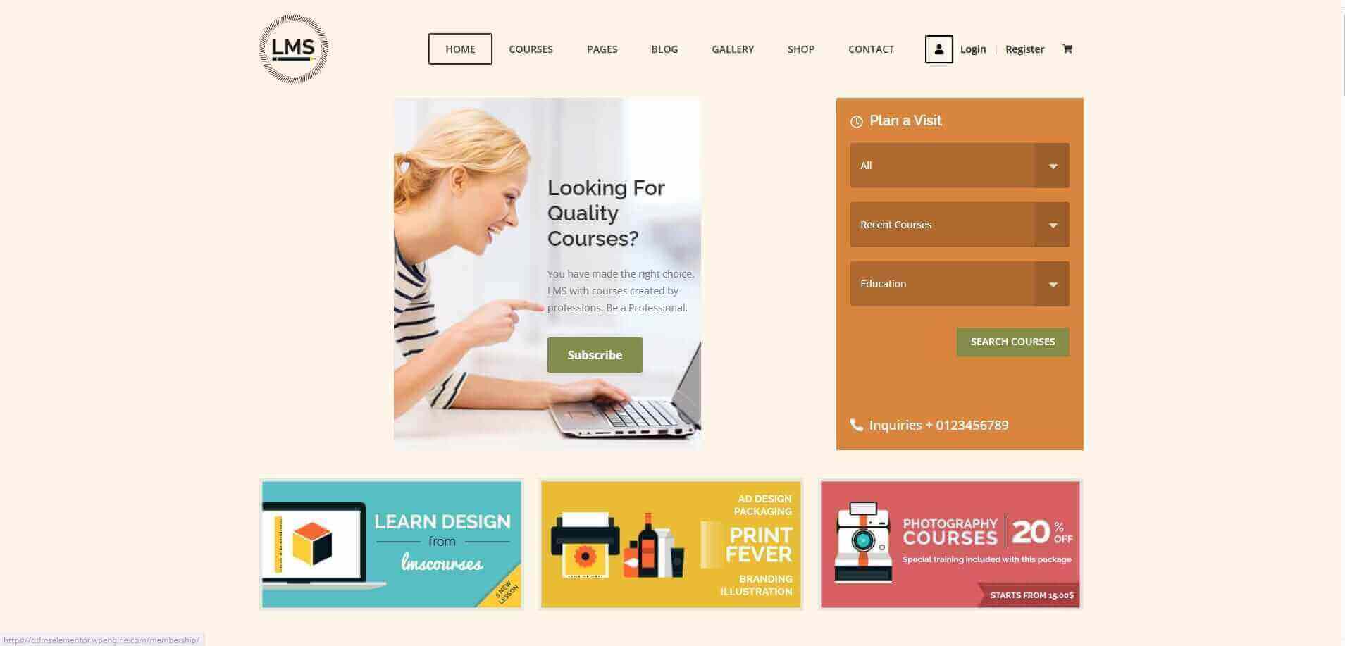 LMS WordPress themes website layout for online learning platform