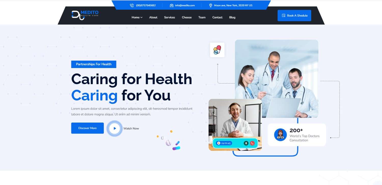 Medito Dentist WordPress Theme for dental clinics with appointment booking and responsive design