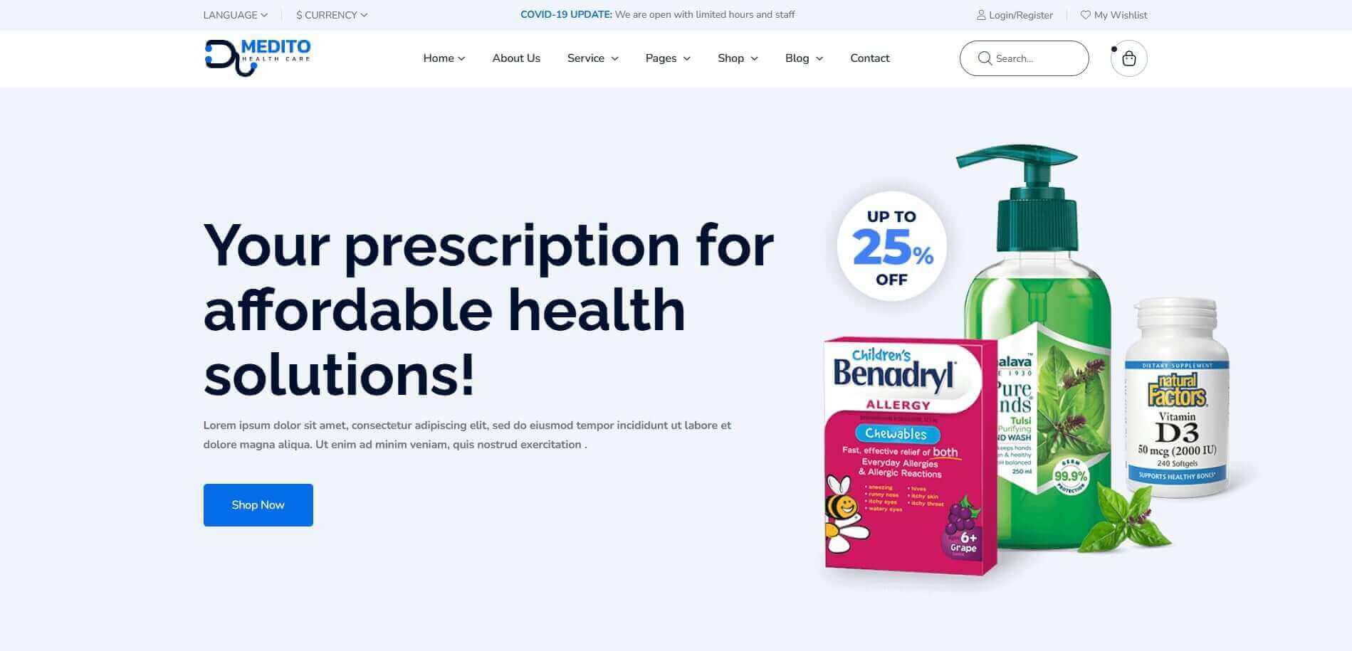 medito health and medical wordpress ecommerce theme for online store