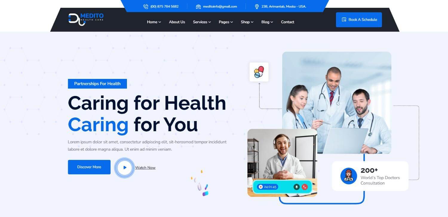 Medito ReactJS template showing medical services and product pages