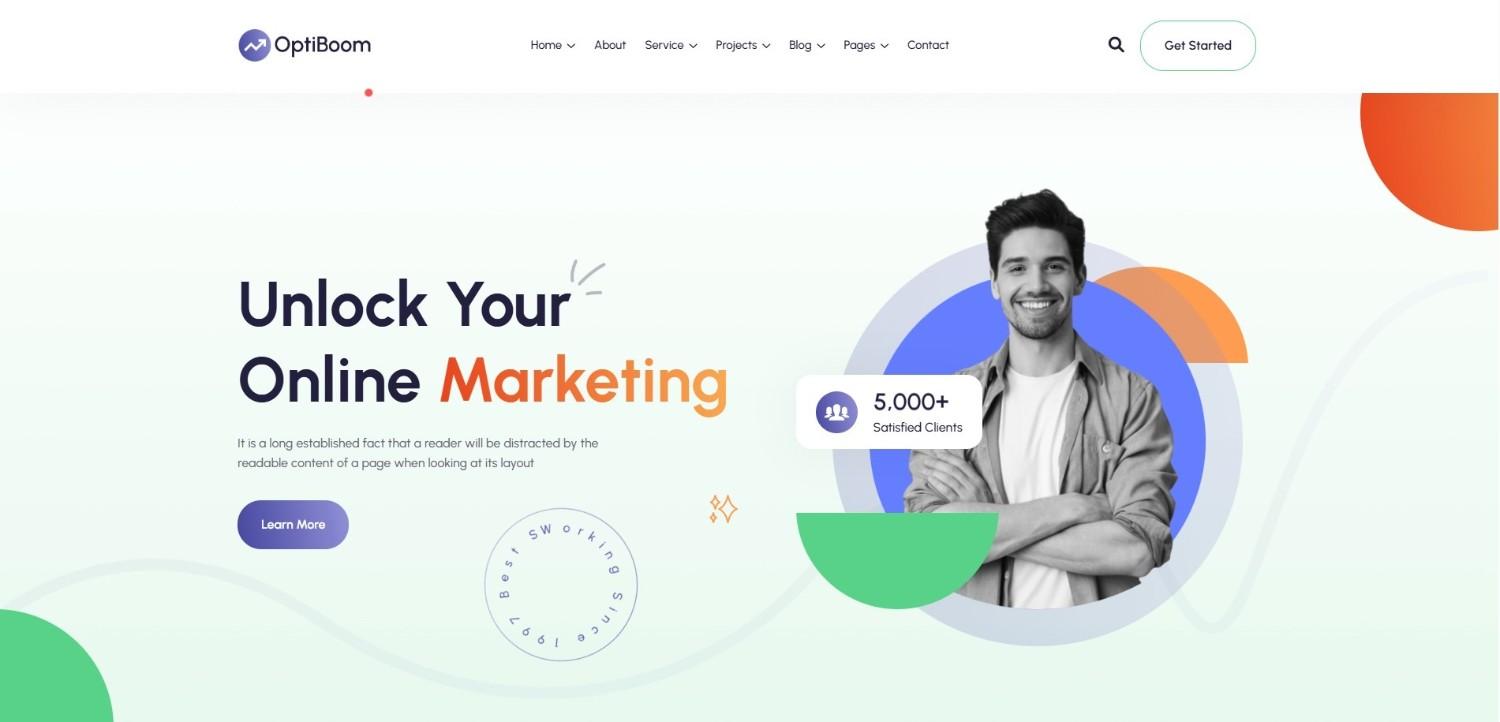 OptiBoom digital marketing agency website template WordPress theme with SEO-ready layouts, portfolio, and lead generation pages