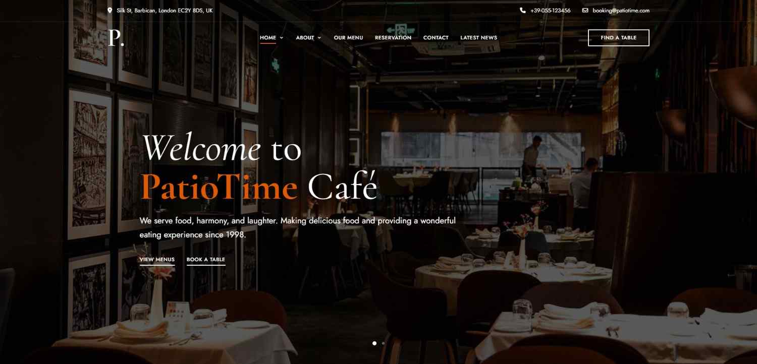 Best 11 Restaurant WordPress Themes Top Picks 2026 PatioTime restaurant WordPress theme showcasing menus, reservations, and café website design.