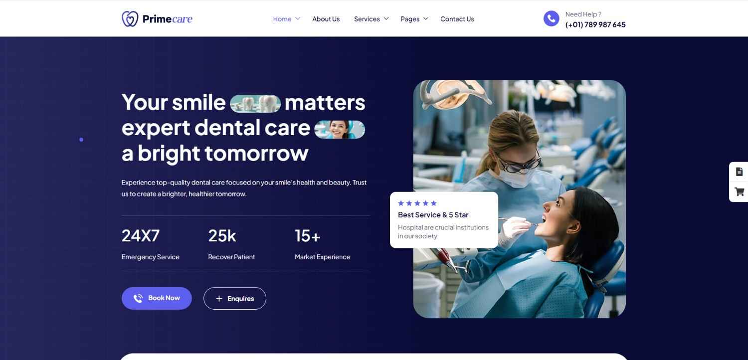 Primecare Dentist WordPress Theme for private dentists and dental clinics with professional layout