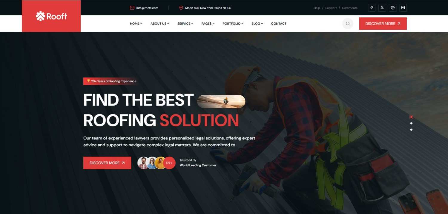 17+ Top Minimalist WordPress Themes for Professional Sites Rooft minimalist WordPress themes roofing homepage with project gallery and service blocks