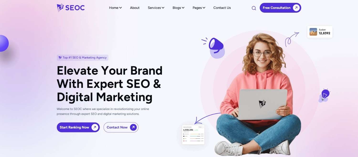 SEOC digital marketing agency website template built for SEO agencies with fast-loading, responsive, and conversion-ready pages
