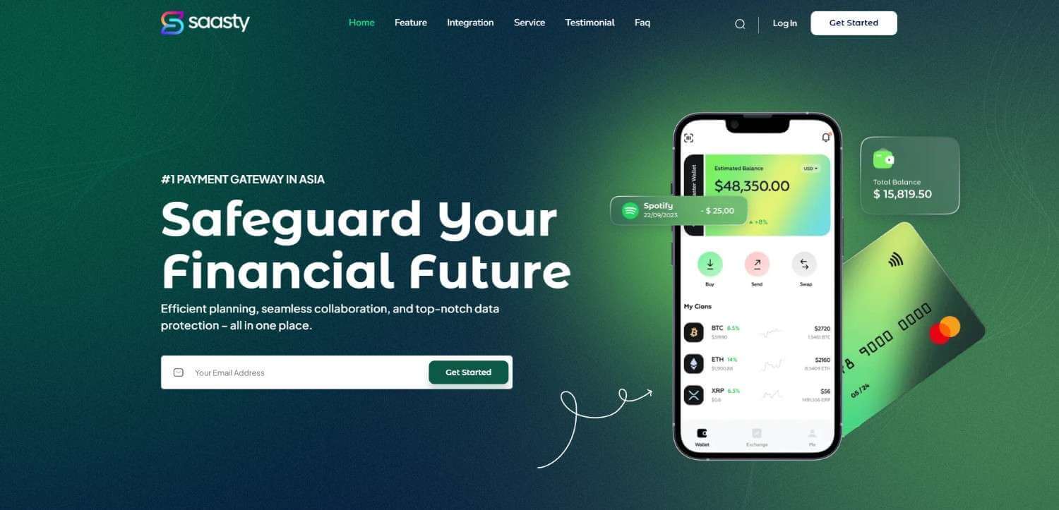 Saasty ReactJS template showing SaaS landing page and feature sections
