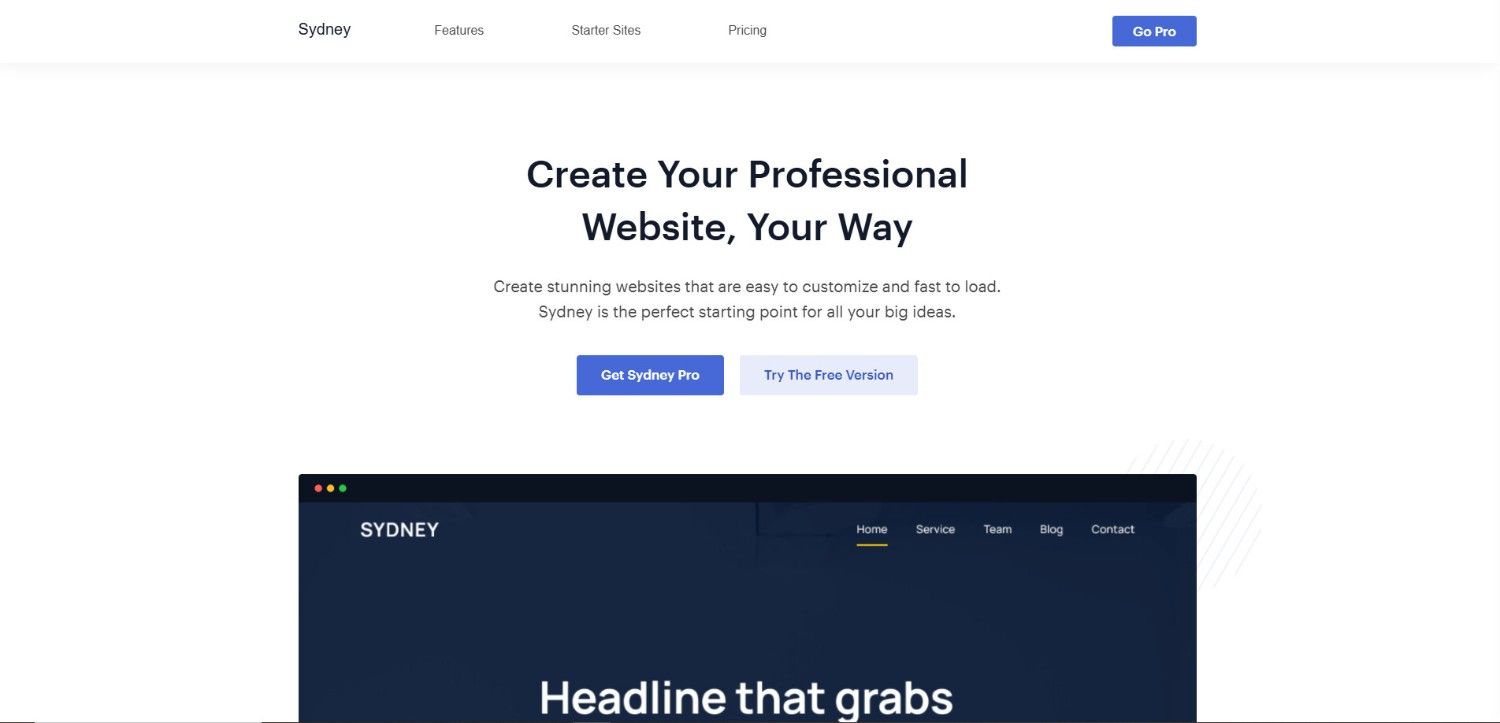 Sydney personal WordPress portfolio theme showing a professional, responsive layout with portfolio and service sections.