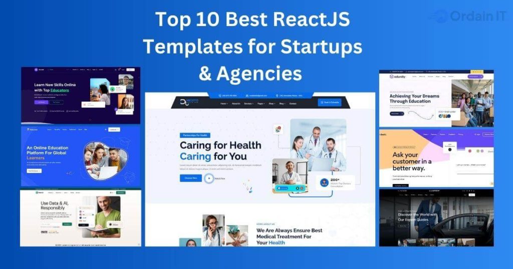 "Top 10 ReactJS templates for websites showing responsive layouts, landing pages, dashboards, portfolios, and modular page templates for startups and agencies"