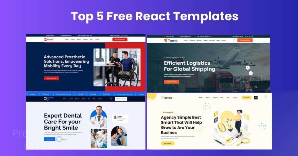 Top 5 free React templates with premium upgrade options for business, education, medical, creative, and portfolio websites