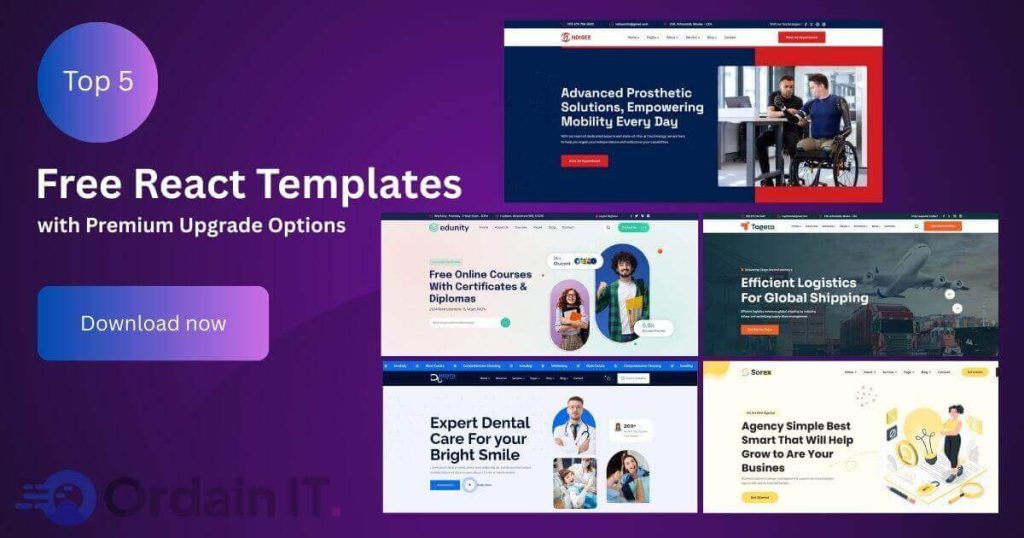 "Top 5 free React templates with premium upgrade options for business, education, medical, creative, and portfolio websites"
