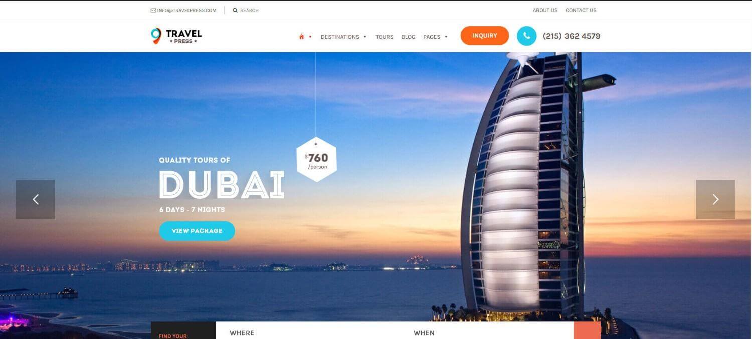 Travio travel agency website layout with tour packages