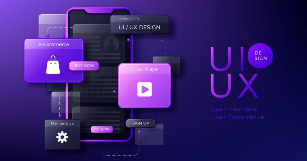 UI vs UX comparison illustration showing user interface design elements like buttons, icons, colors, and layouts alongside user experience concepts such as user journey, usability flow, wireframes, and interaction design for digital products