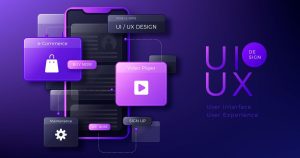 UI vs UX comparison illustration showing user interface design elements like buttons, icons, colors, and layouts alongside user experience concepts such as user journey, usability flow, wireframes, and interaction design for digital products