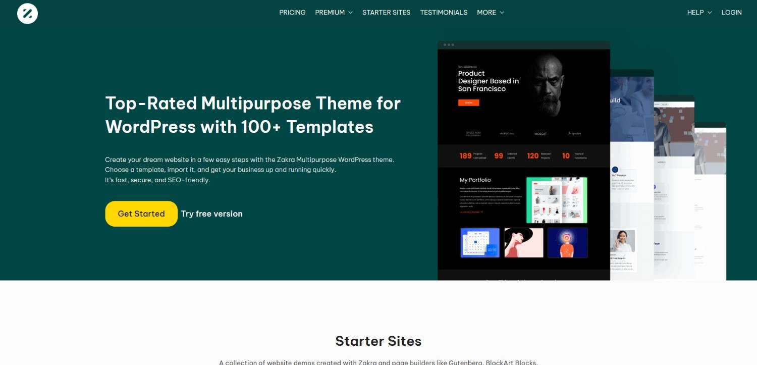 Zakra WordPress portfolio theme featuring a clean, responsive layout perfect for creative portfolios and personal websites.