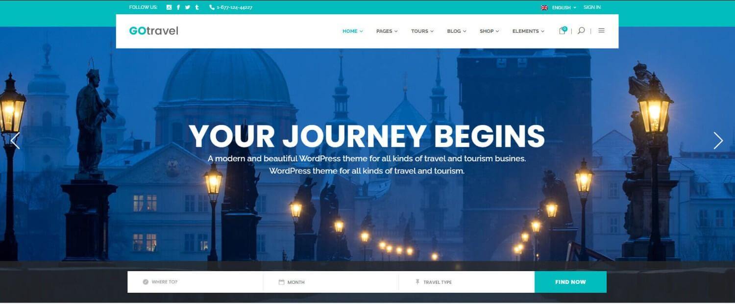 GoTravel theme homepage design for travel and tourism website