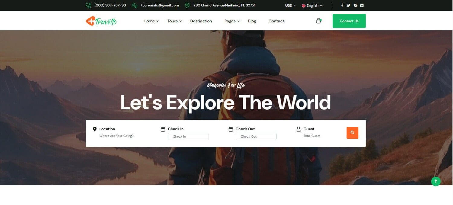 Travello travel website template homepage design for tour booking