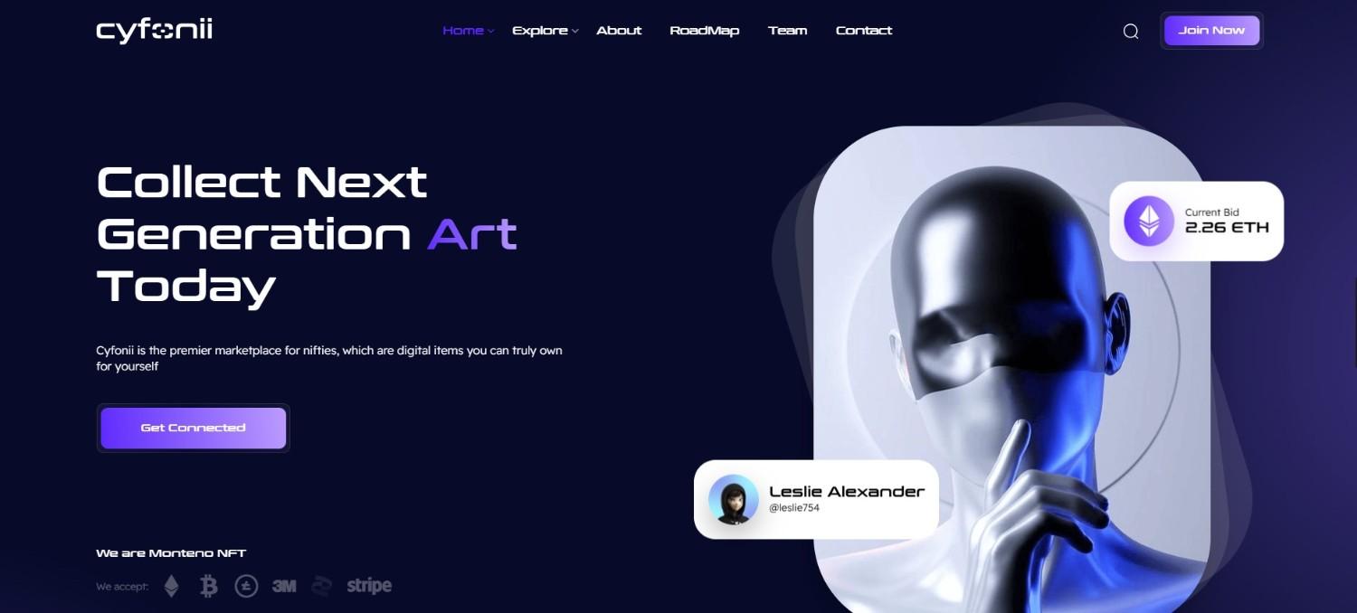 Cyfonii NFT Portfolio Website Template HTML Free Download - Creative, responsive design for displaying digital art and NFTs on any device."