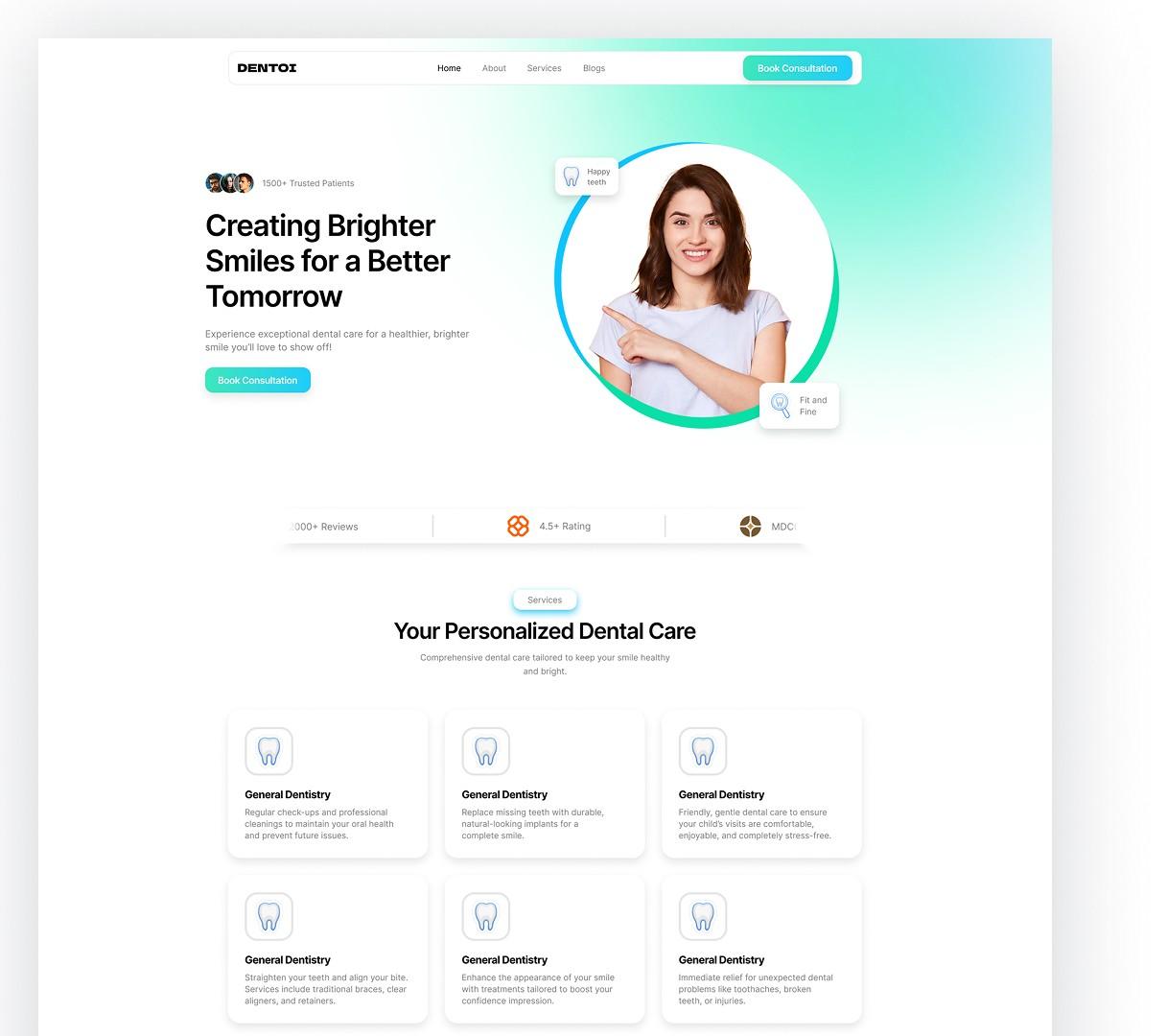 20+ Best Free Figma Website Templates for Your Projects "Dentoi free Figma website template for dental businesses and clinics"