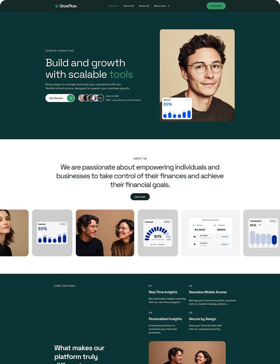 20+ Best Free Figma Website Templates for Your Projects "GrowFlow free Figma website template for financial services and finance landing pages"