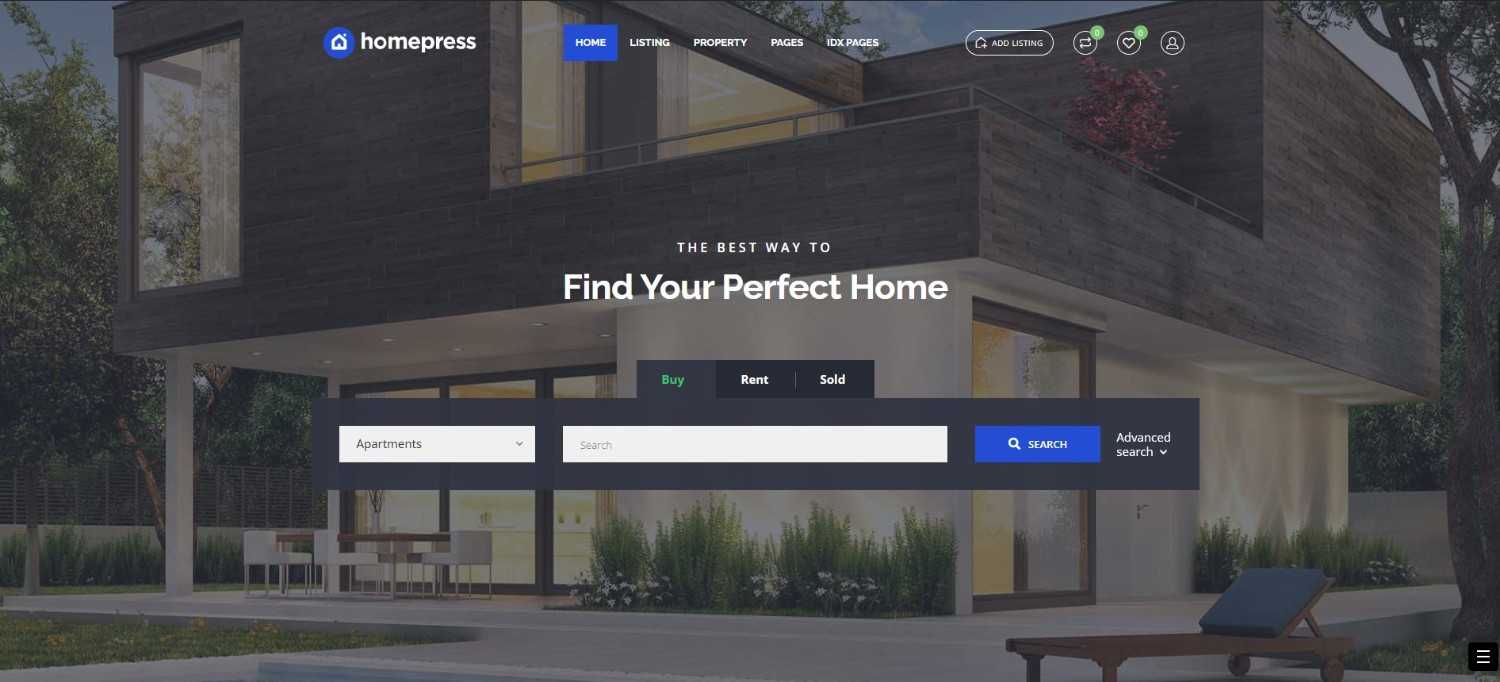 HomePress real estate website templates for WordPress with IDX integration, property management, and SEO features