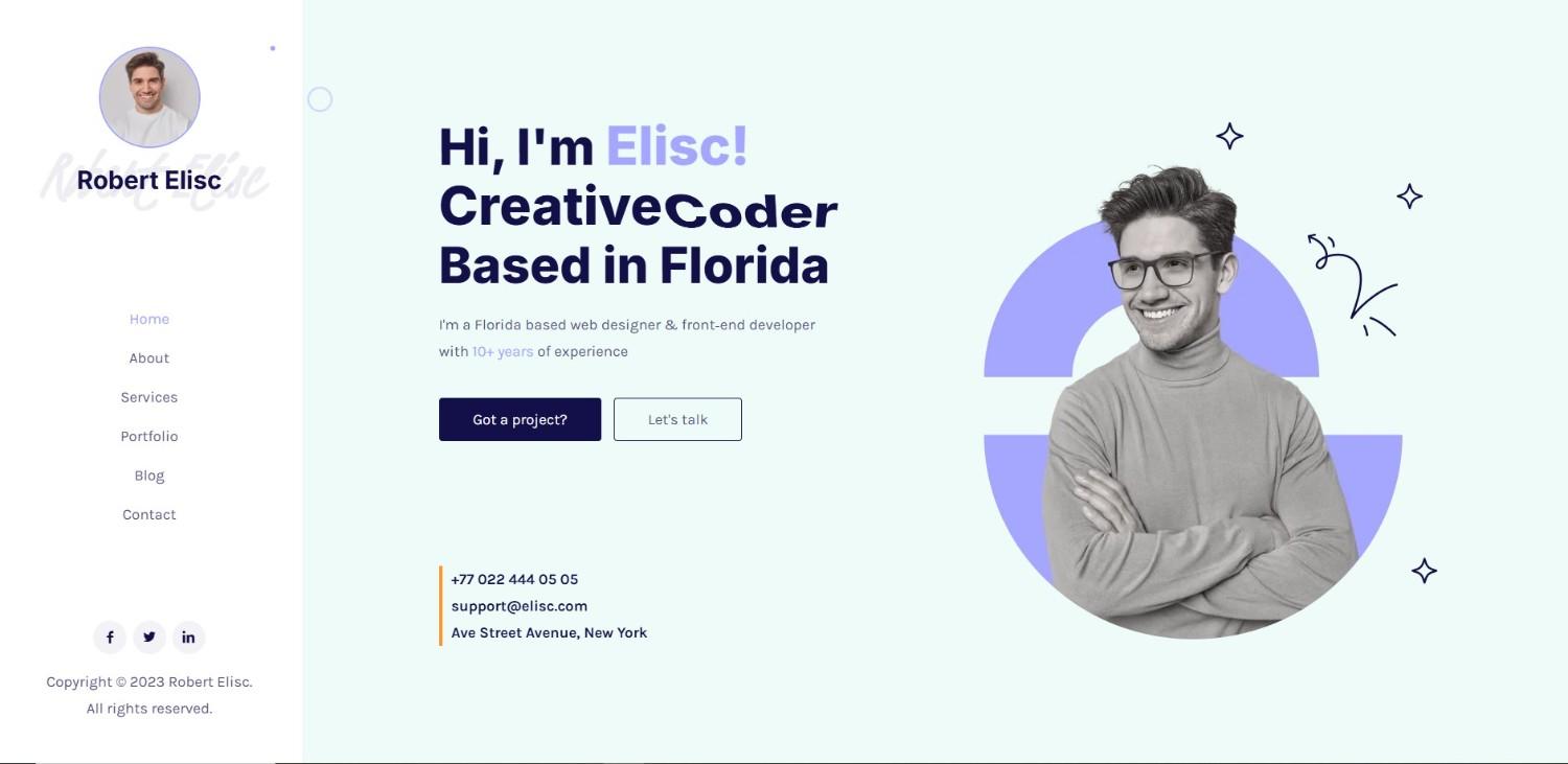 "R.Elisc Personal Portfolio Website Template HTML Free Download - Clean and elegant design with responsive features for showcasing personal work."