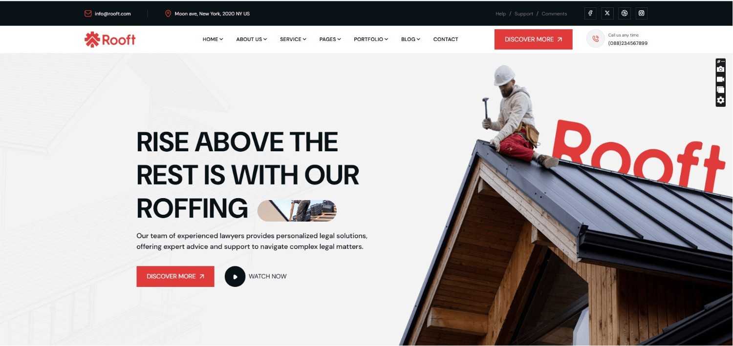 Rooft roofing company ThemeForest WordPress theme for roof repair, construction services, and contractors, fully responsive and SEO-optimized