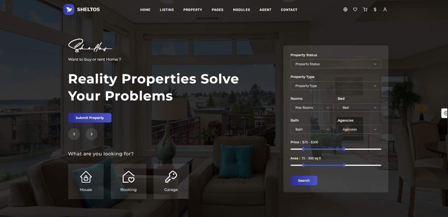 Sheltos real estate website templates with admin dashboard, email template, and advanced property search features.