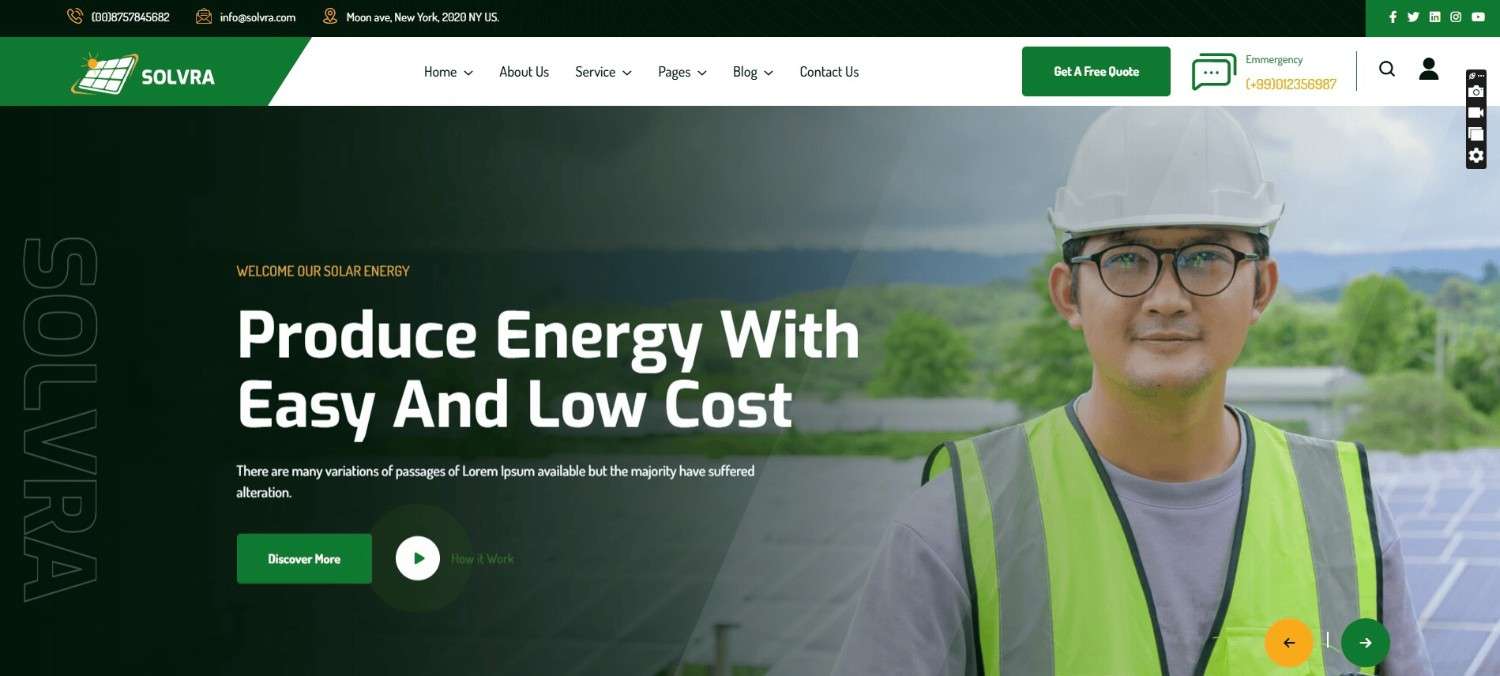 Solvra eco-conscious ThemeForest WordPress theme for solar energy companies, environmental organizations, and green startups, responsive and SEO-optimized