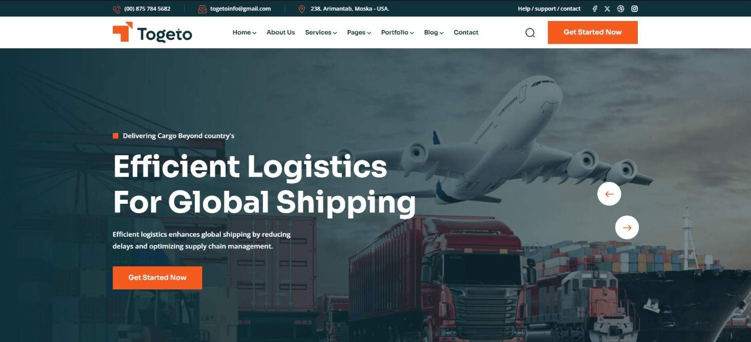 ToGeto Freight Broker & Logistics WordPress Theme – modern and SEO-friendly in best premium WordPress themes for logistics websites