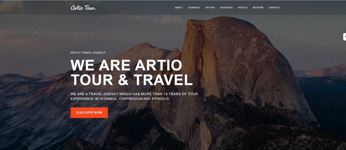 Artio travel agency website template with modern booking system design